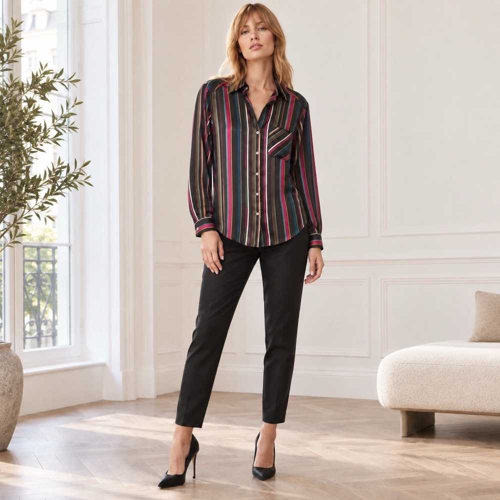 HAVER LONDON New Women's XS Shirt Satin Striped Button Front Tie Hem Long Sleeve